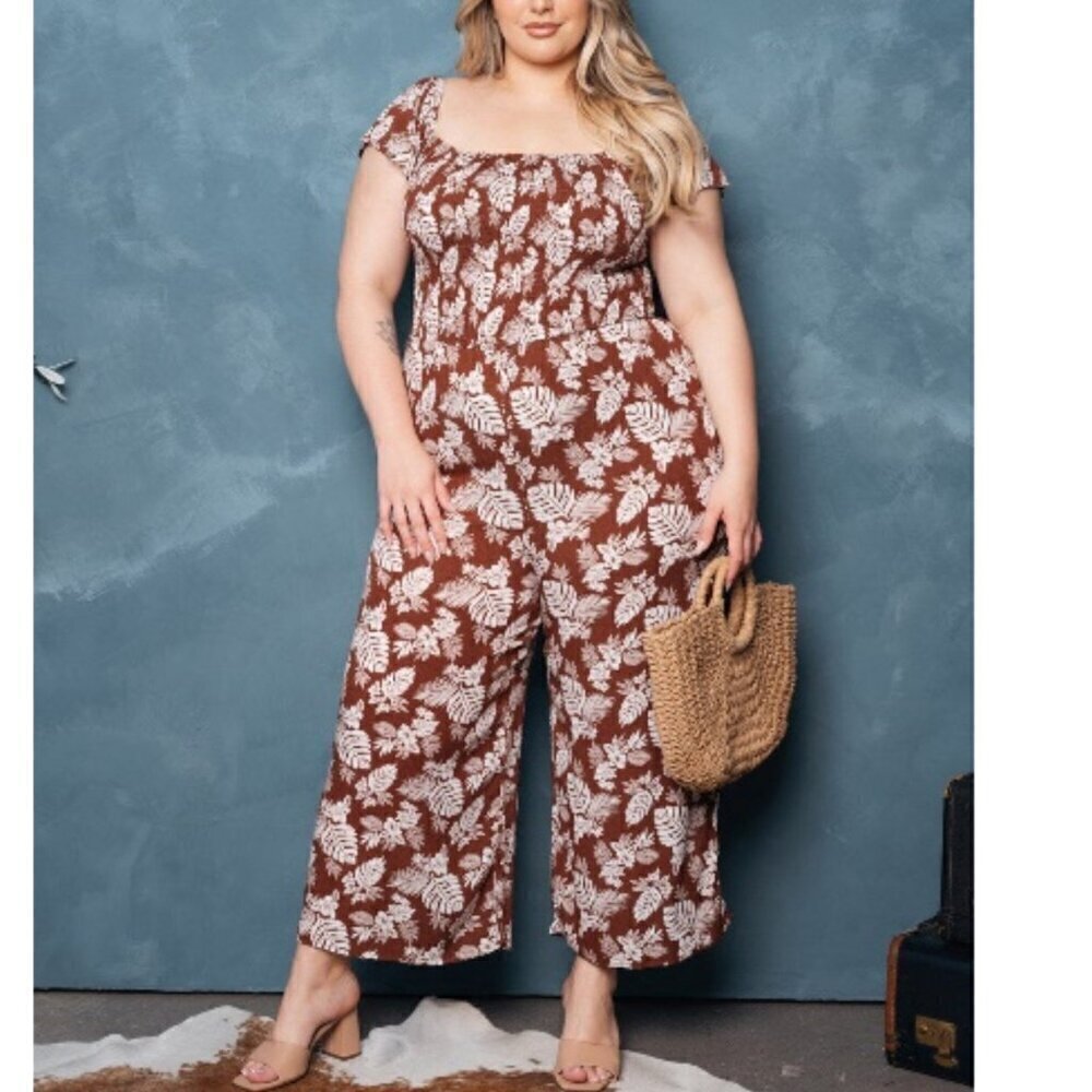 Zenobia Jumpsuit Size 3XL Brown Floral Crop Wide Leg Rayon Sundress NWT